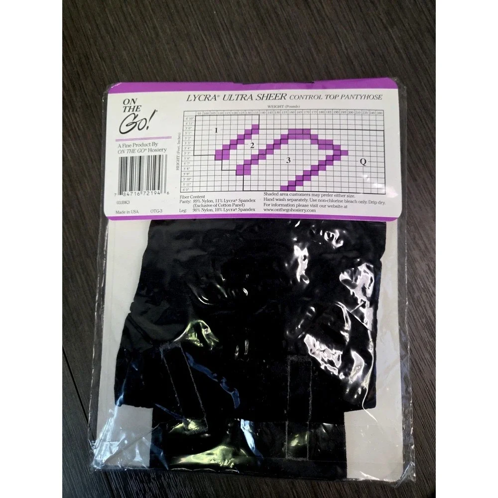 On the Go! Lycra Ultra Sheer‎ Control Top Pantyhose Jet Black Size 3 New